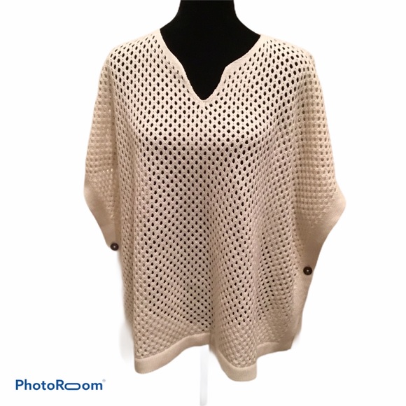 Talbots cream open knit notched neckline sweater poncho - Picture 2 of 7